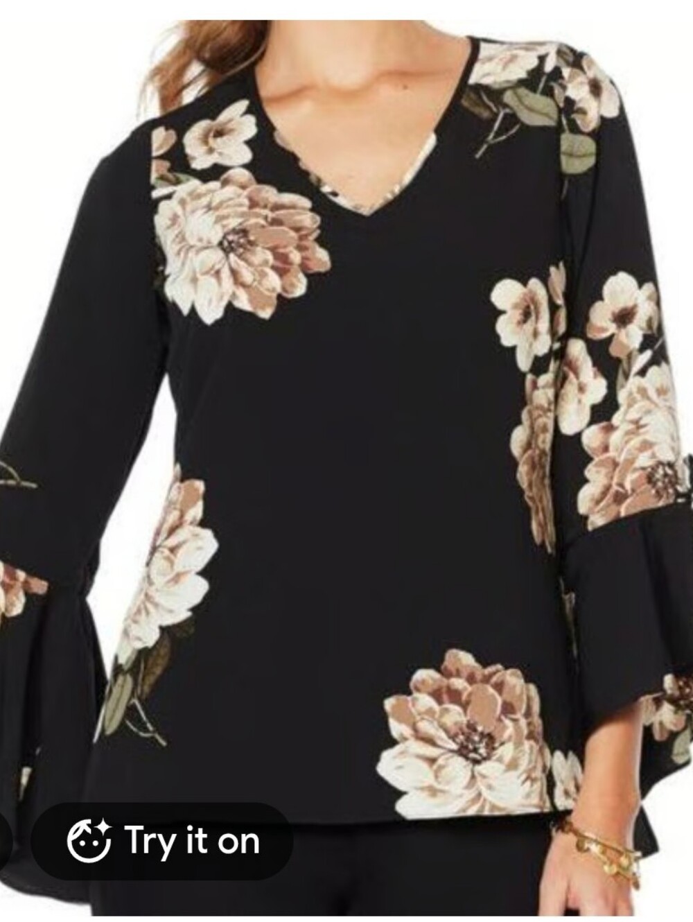 NWOT Liberty Love Black V-Neck Bell Sleeve Floral Blouse Size M